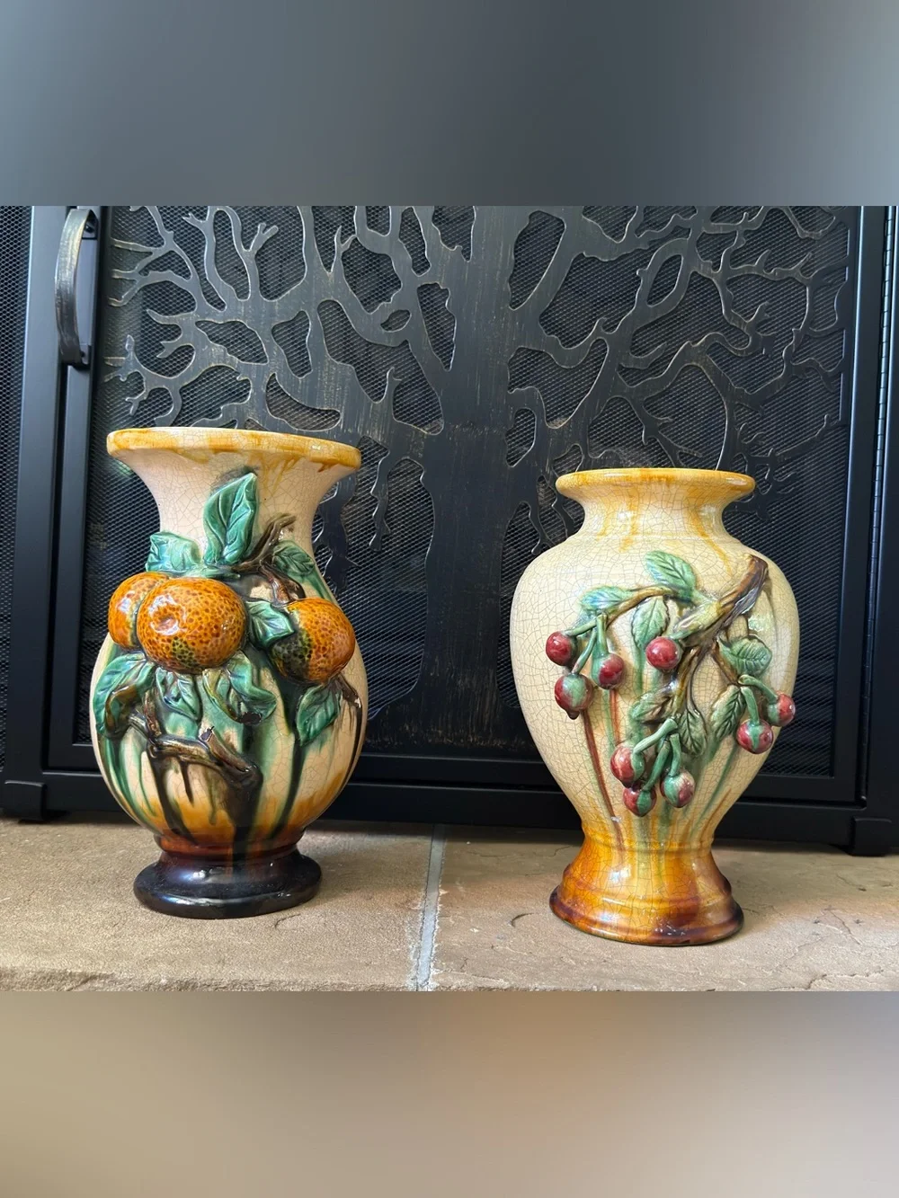 Decorative Fruit Relief Ceramic Vase - Yellow and Green